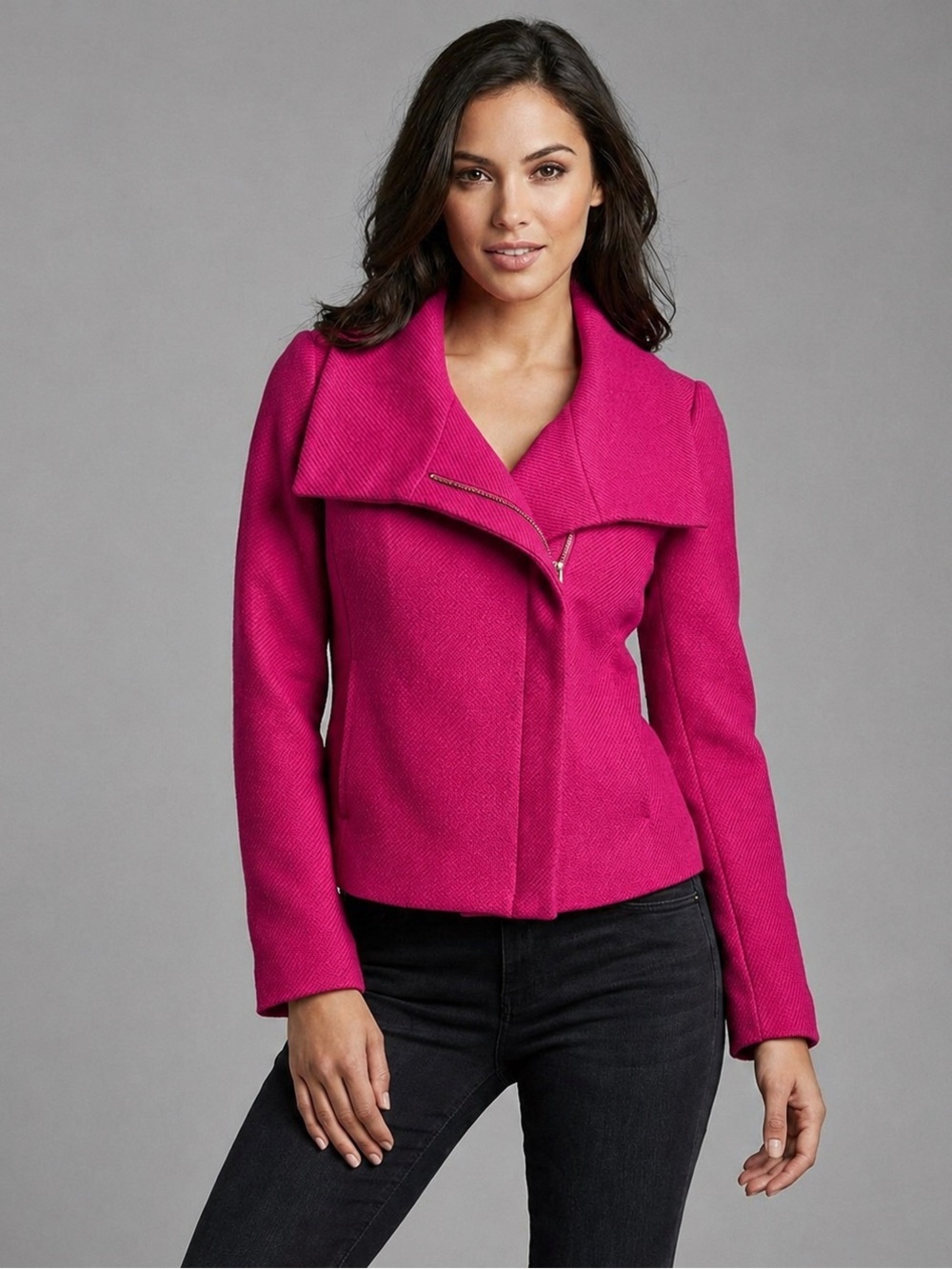 Talbots Hot Pink Textured Wool Blend Tailored Moto Zip Blazer Jacket, size 8